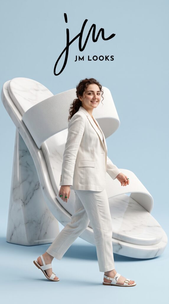 Home model walking past sandal sculpture 202607071158